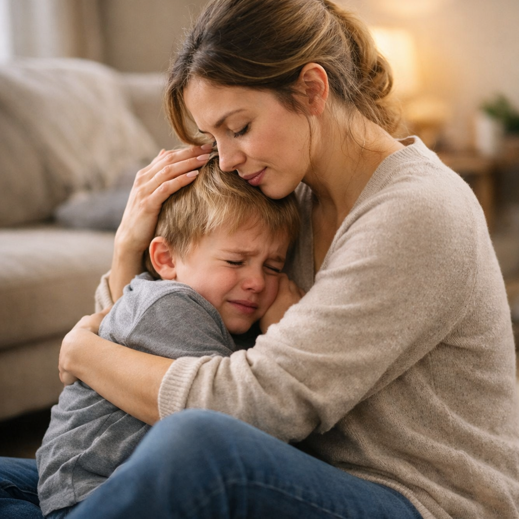 Mutter kniet ruhig vor ihrem emotional überforderten Kind im Wohnzimmer und bietet Nähe zur Co-Regulation an, warmes Abendlicht, einfühlsame Szene