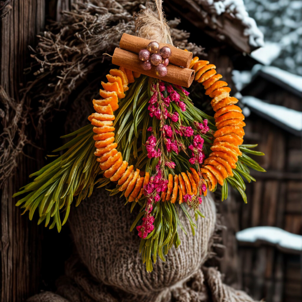 Natürlicher Orangen-Zimt-Anhänger aus Mandarinenschalen, Tannengrün und Erika – Basteltipp für Kinder.