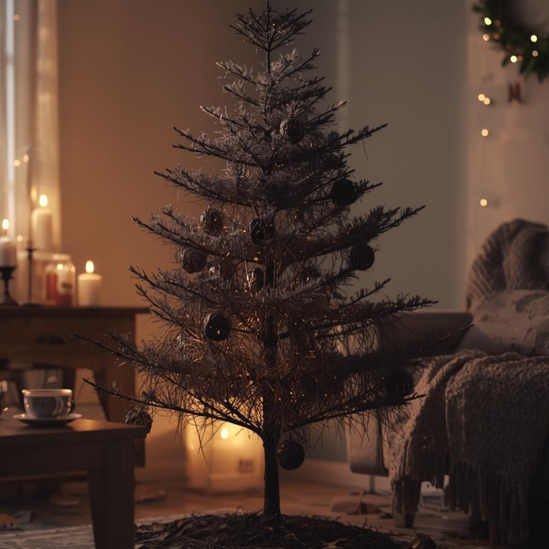 Ein spärlich geschmückter, kahler Weihnachtsbaum steht in einem warm beleuchteten Wohnzimmer. Kerzenlicht, eine Tasse auf dem Tisch und eine Decke auf dem Sofa erzeugen eine ruhige, nachdenkliche Atmosphäre.