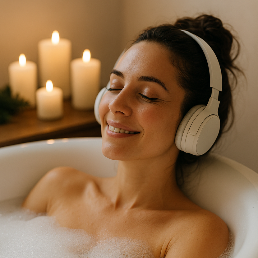 KI-generiertes Bild: Eine entspannte Frau mit Kopfhörern liegt in einem warmen Bad bei Kerzenlicht und genießt einen ruhigen Moment für sich. Stimmung ruhig, geborgen und entschleunigend. AI-generated image, no real person pictured.