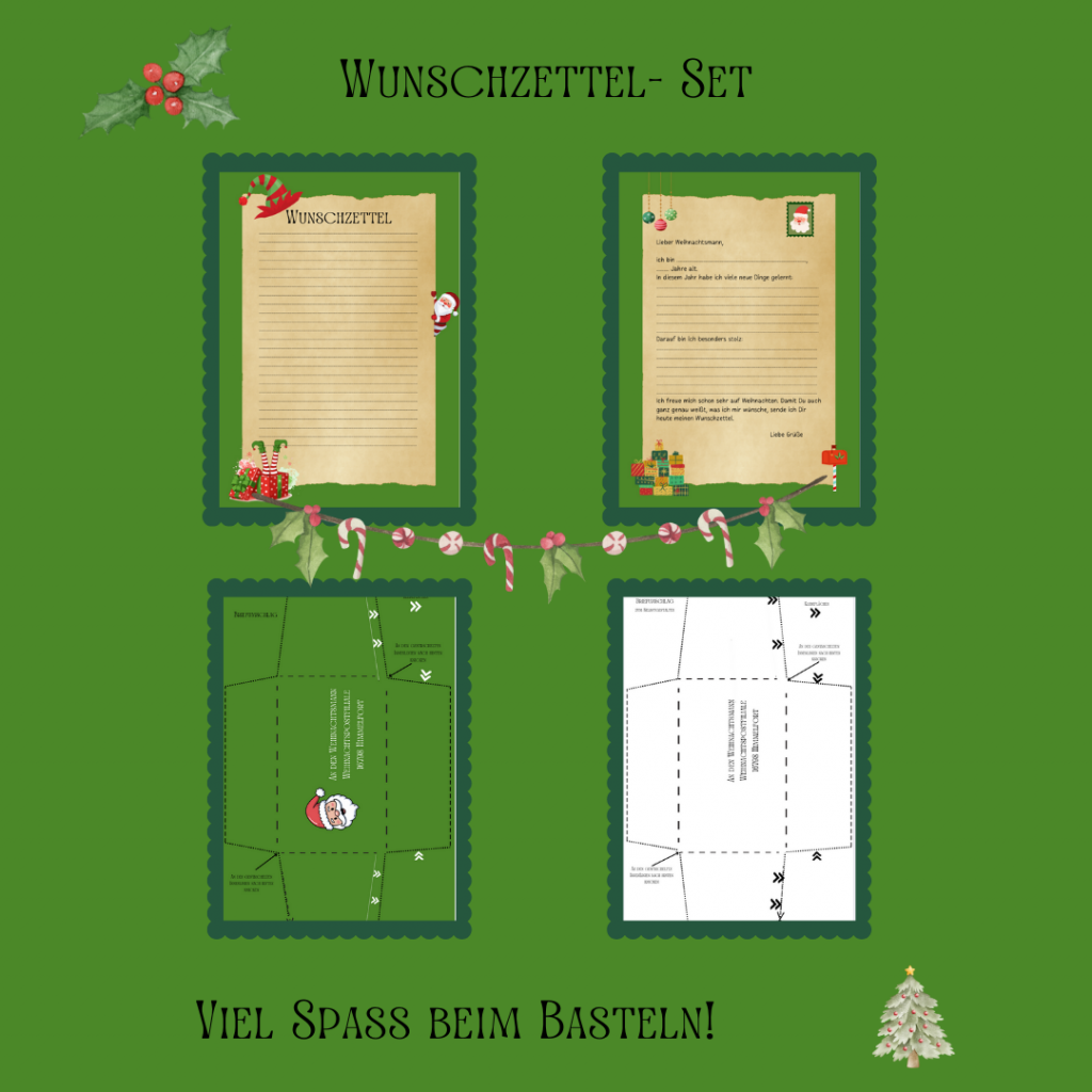 iebevoll gestaltetes Wunschzettel-Set für Kinder mit weihnachtlichem Design und Bastelvorlage