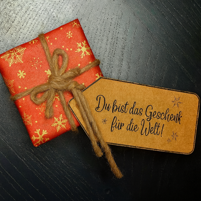 Geschenk mit rotem Geschenkpapier und rustikalem Geschenkanhänger aus Kraftpapier mit der Aufschrift „Du bist das Geschenk für die Welt“