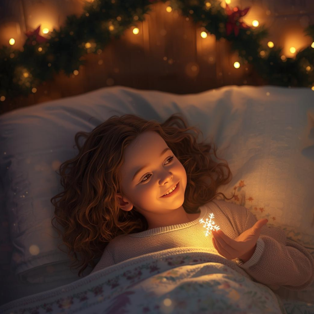 I-generiertes Bild: Ein Mädchen liegt in einem gemütlichen, weihnachtlich dekorierten Bett und schaut ruhig auf eine leuchtende Schneeflocke in ihrer Hand. Warme Lichter sorgen für eine geborgene, märchenhafte Stimmung. AI-generated image, no real child pictured.