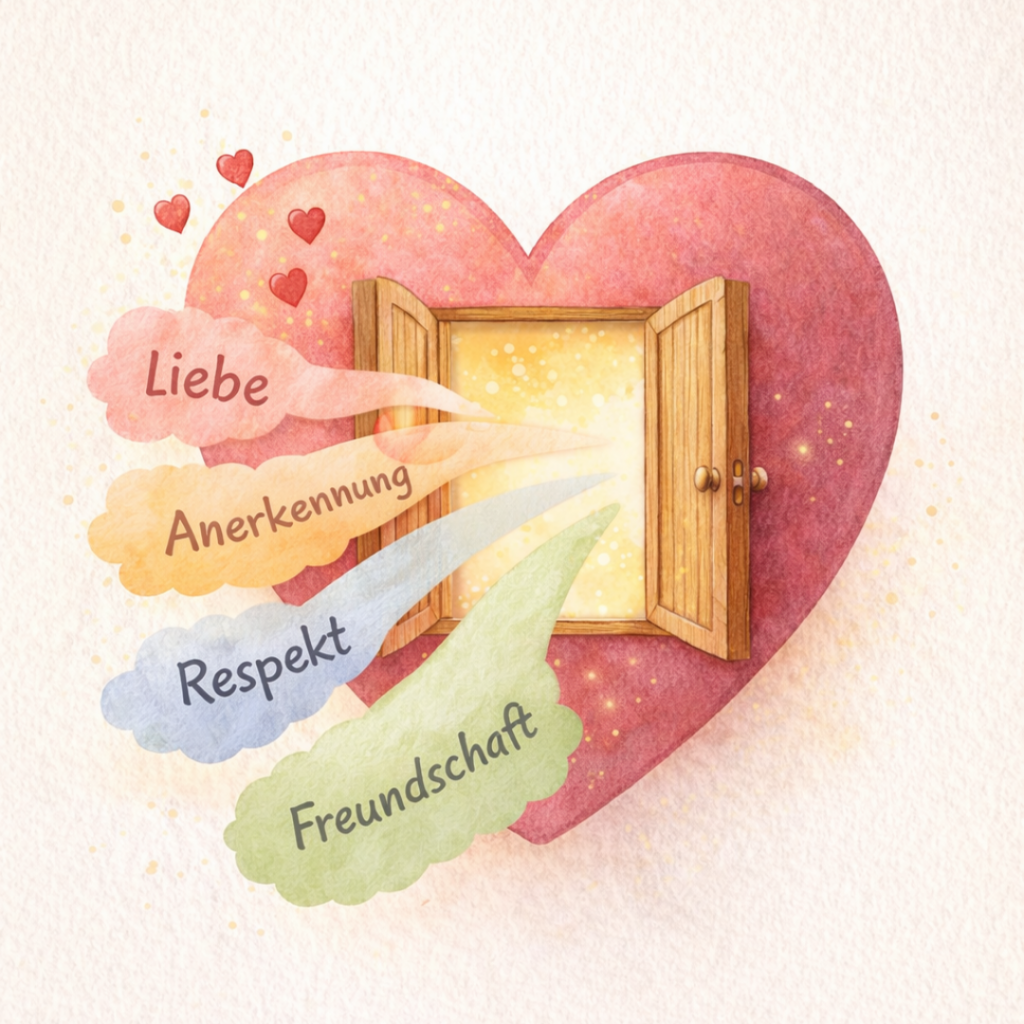 Illustration eines Herzens mit einer kleinen Tür, durch die Liebe, Anerkennung, Respekt und Freundschaft hineinströmen – Symbol für innere Abgrenzung und Selbstwert bei Kindern.
