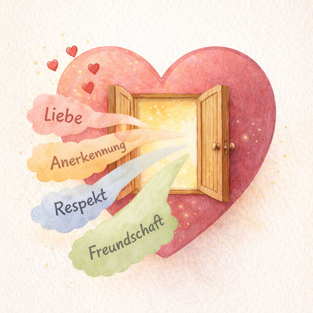 Illustration eines Herzens mit einer kleinen Tür, durch die Liebe, Anerkennung, Respekt und Freundschaft hineinströmen – Symbol für innere Abgrenzung und Selbstwert bei Kindern.