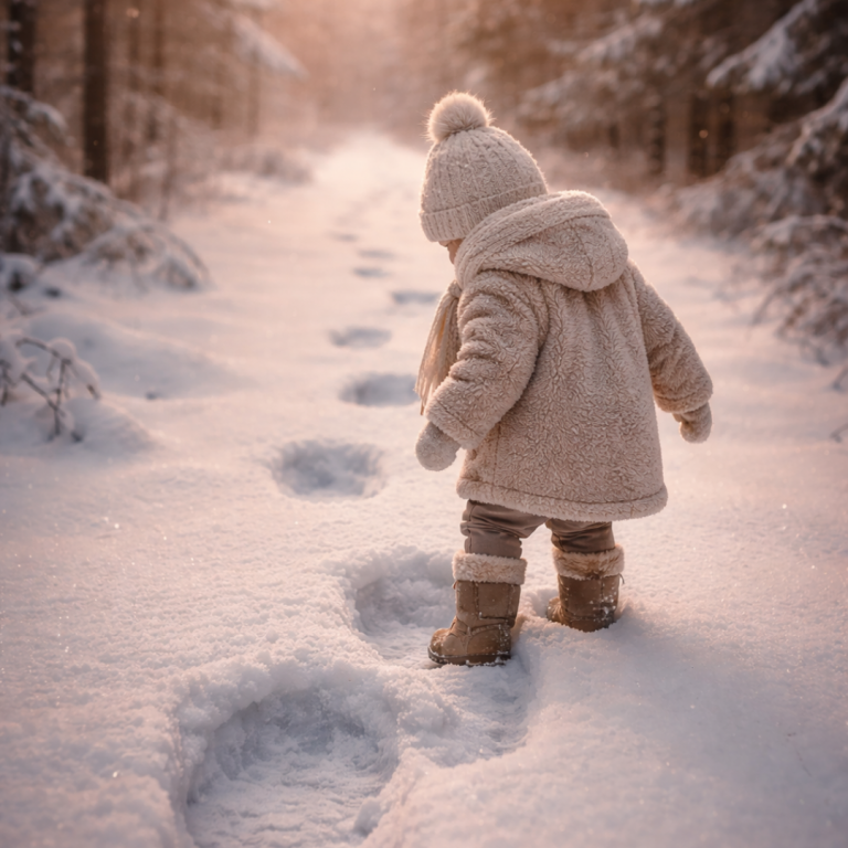 Ein kleines Kind läuft im Winter einen verschneiten Waldweg entlang und hinterlässt kleine Fußspuren im Schnee.