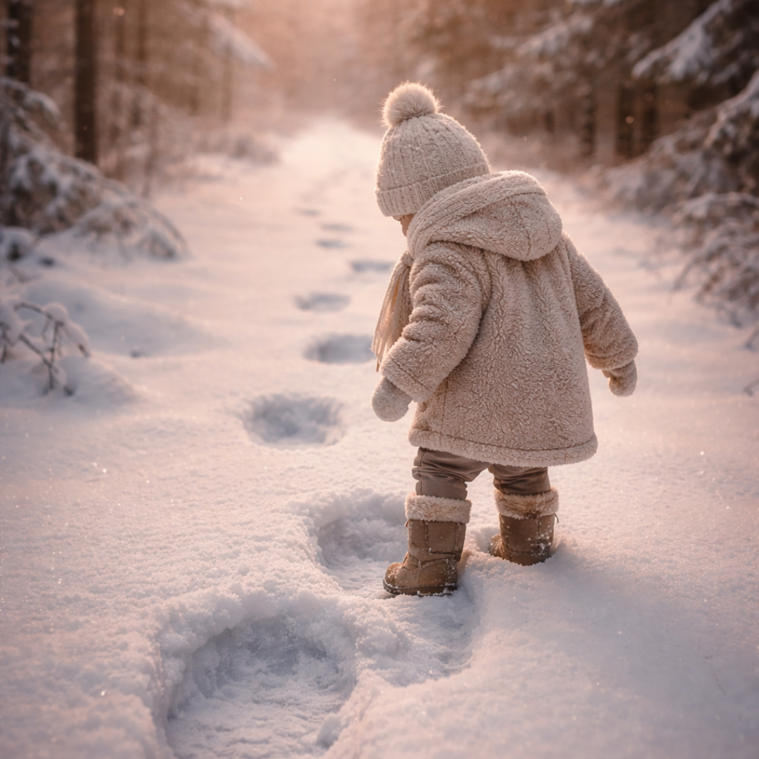 Selbstwirksamkeit im Alltag – warum jeder kleine Schritt zählt Ein kleines Kind läuft im Winter einen verschneiten Waldweg entlang und hinterlässt kleine Fußspuren im Schnee.