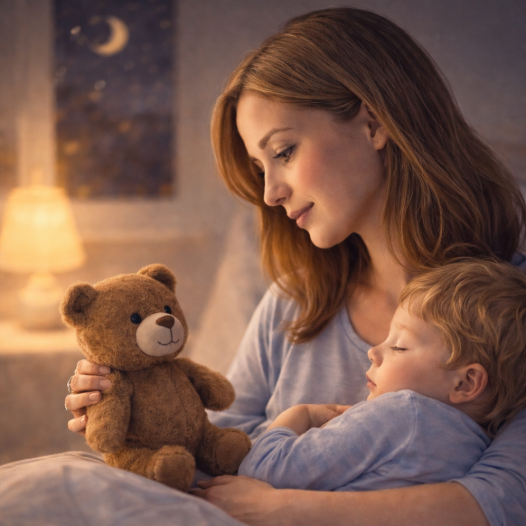 Mutter hält ihr schlafendes Kind im Arm und spricht beruhigend mit einem Teddy in einem warm beleuchteten Schlafzimmer am Abend.