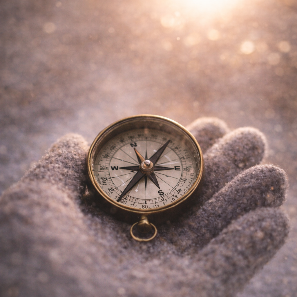 Vintage-Kompass in einer behandschuhten Hand im winterlichen Licht als Symbol für innere Werte und Orientierung