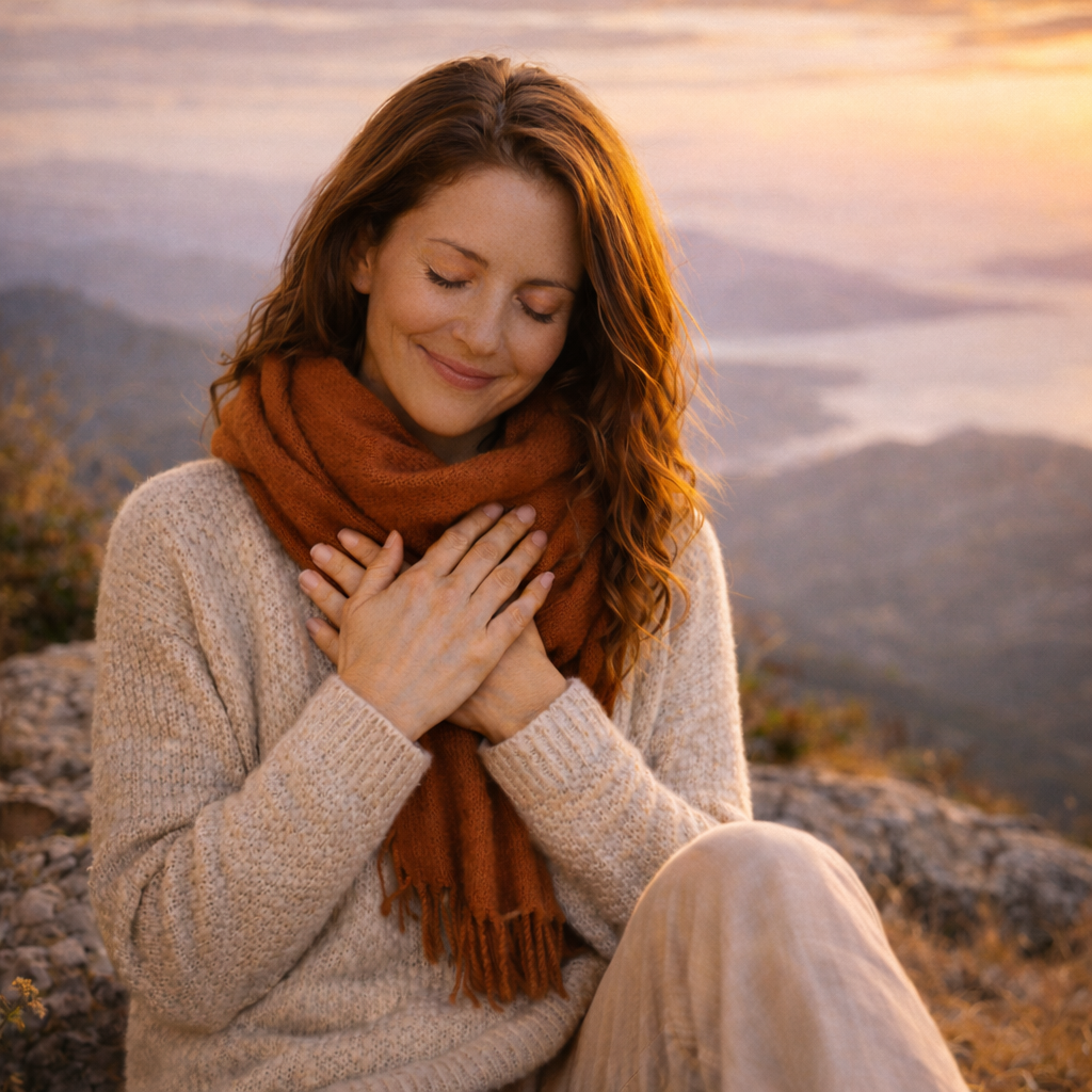 Frau sitzt warm gekleidet in der Natur auf einem Berg, legt die Hände auf ihr Herz und schließt mit einem ruhigen Lächeln die Augen
