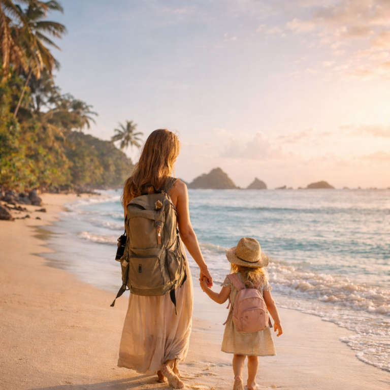 Mutter und Tochter gehen barfuß Hand in Hand an einem tropischen Strand entlang, beide mit Rucksack, im warmen Licht eines ruhigen Abends.