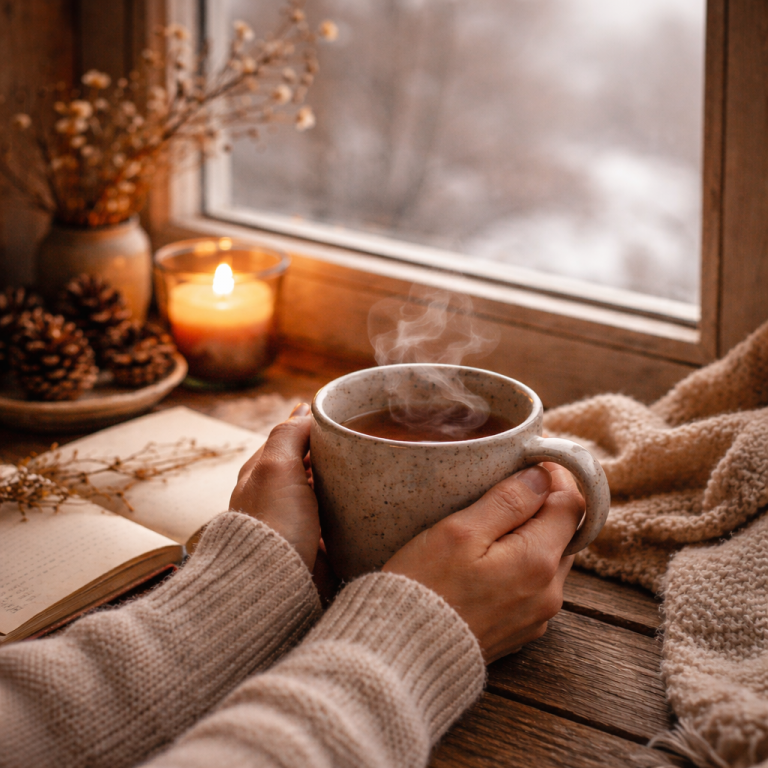 Hände halten eine dampfende Teetasse auf einer hölzernen Fensterbank, daneben eine brennende Kerze, ein offenes Notizbuch und winterliches Licht am Fenster – ruhiger, dankbarer Moment.
