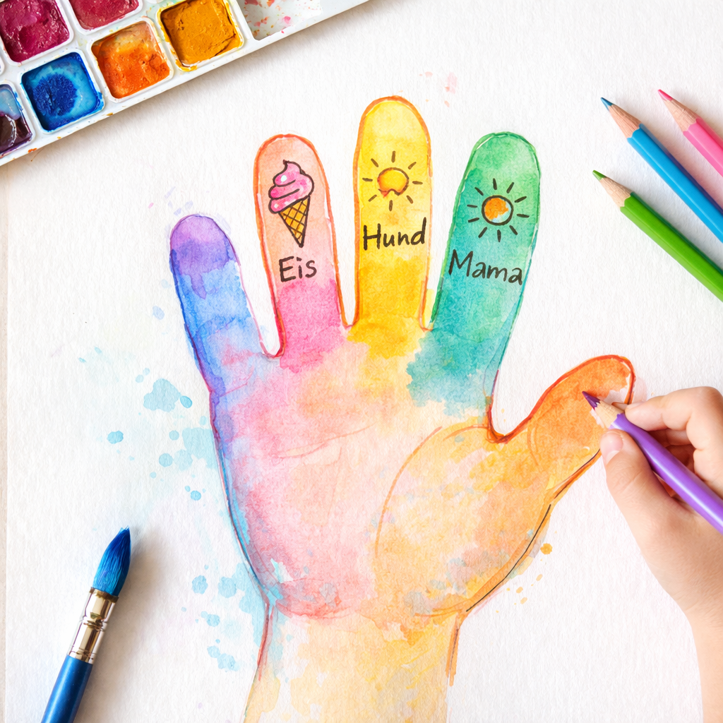 🌈 Dankbarkeitsübung für Kinder Bunte Handzeichnung mit Wasserfarben und Buntstiften auf Papier, gestaltet von einem Kind, als Symbol für eine spielerische Dankbarkeitsübung.