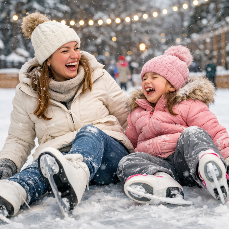 Mutter und Kind sitzen gemeinsam auf einem gefrorenen See und tragen Schlittschuhe, warm eingepackt, ein Moment von Nähe, Lernen und Vertrauen