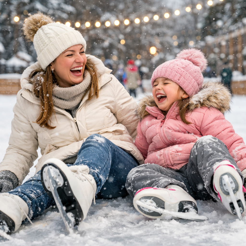Kluge Mütter erziehen keine perfekten Kinder Mutter und Kind sitzen gemeinsam auf einem gefrorenen See und tragen Schlittschuhe, warm eingepackt, ein Moment von Nähe, Lernen und Vertrauen