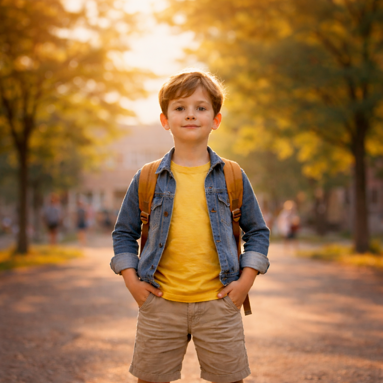 Junger Junge mit Rucksack steht selbstbewusst auf einem von Bäumen gesäumten Weg im warmen Abendlicht und blickt ruhig in die Kamera.