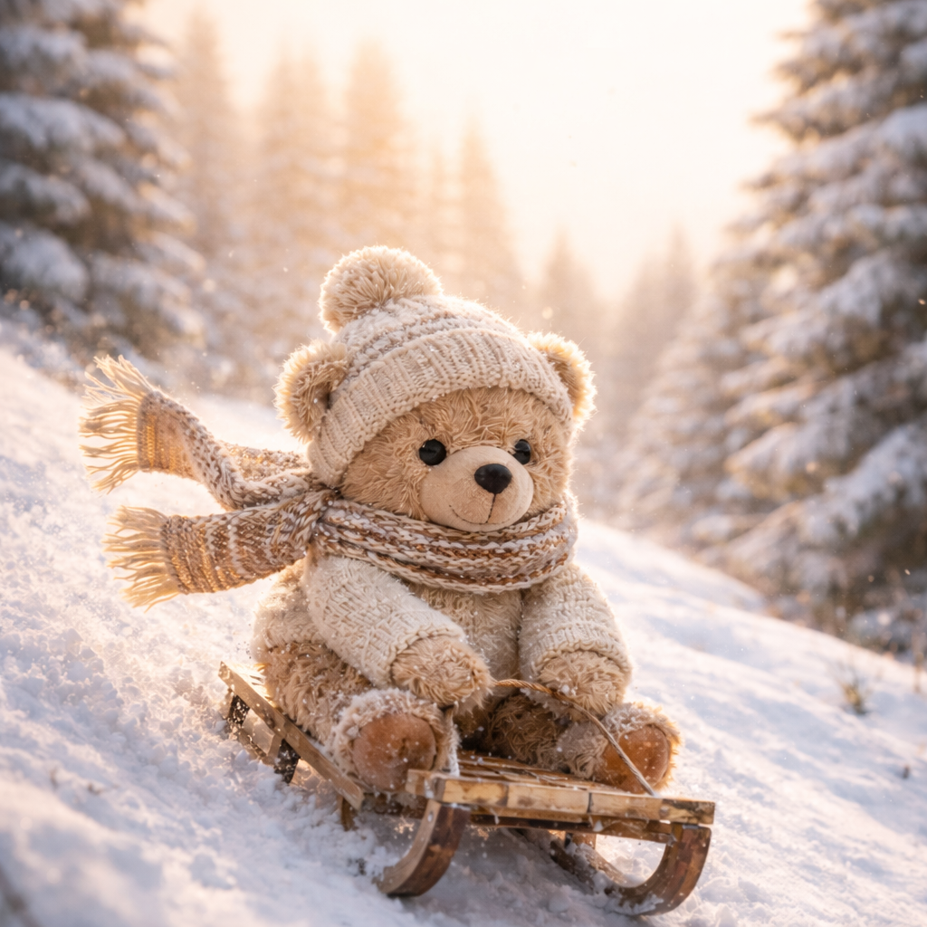 Flauschiger Teddybär mit Strickmütze und Schal fährt auf einem Holzschlitten einen verschneiten Hügel in einem winterlichen Wald hinunter.