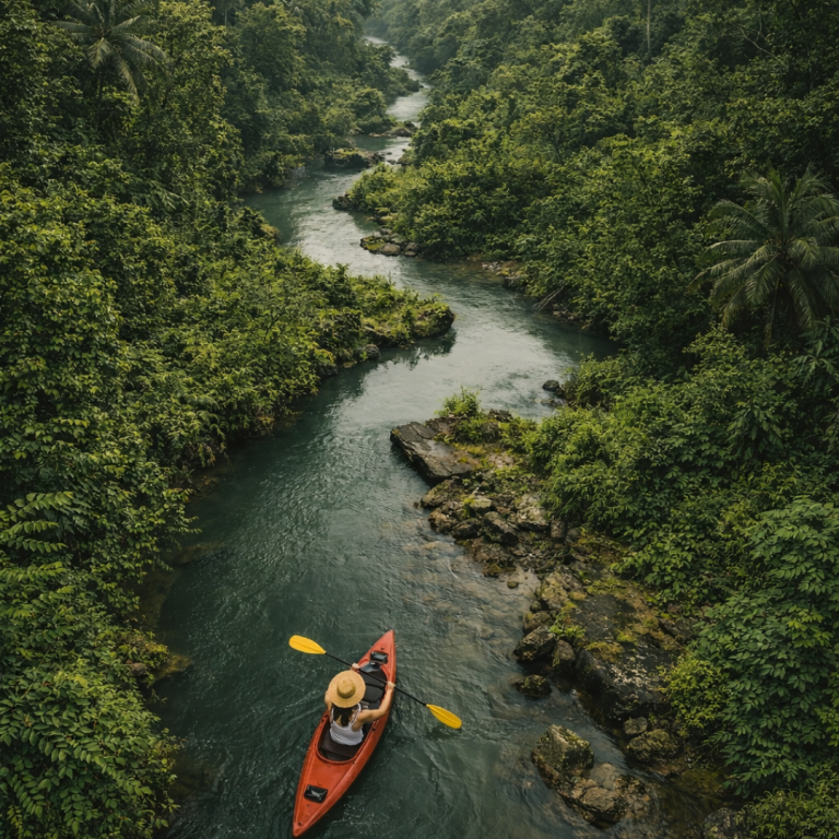 Luftaufnahme eines gewundenen Flusses im Regenwald mit einer paddelnden Person – Symbol für Lebensweg, Umwege und Wachstum.