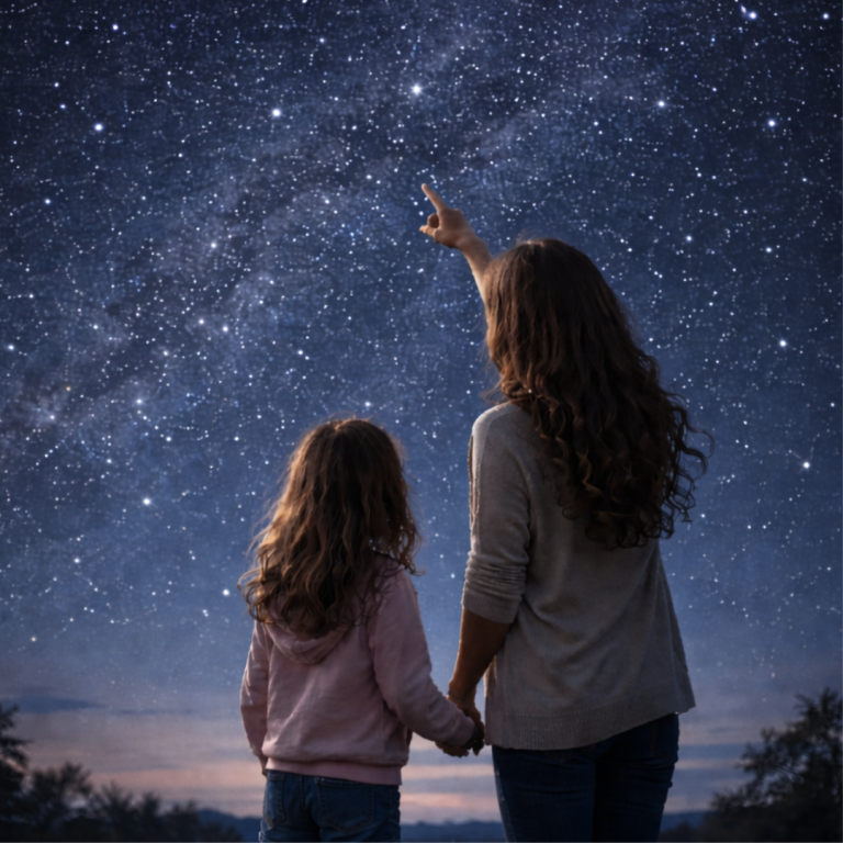 Eine Mutter und ein Kind schauen gemeinsam in den Sternenhimmel und zeigen nach oben.
