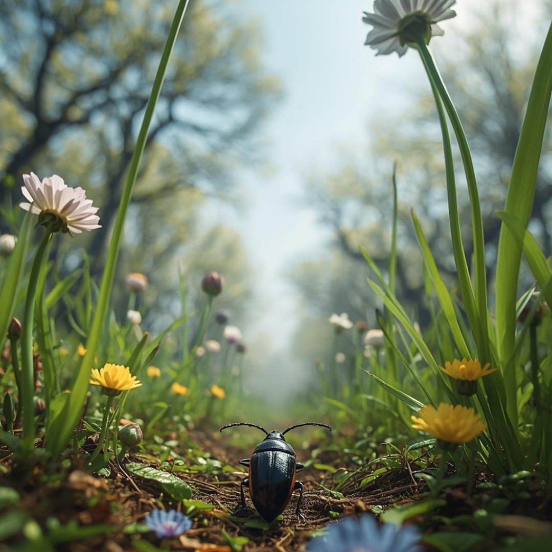 Nahaufnahme eines Käfers auf einem Waldweg zwischen hohen Grashalmen und Frühlingsblumen – symbolisch für Perspektivwechsel und die Wahrnehmung von Größe.