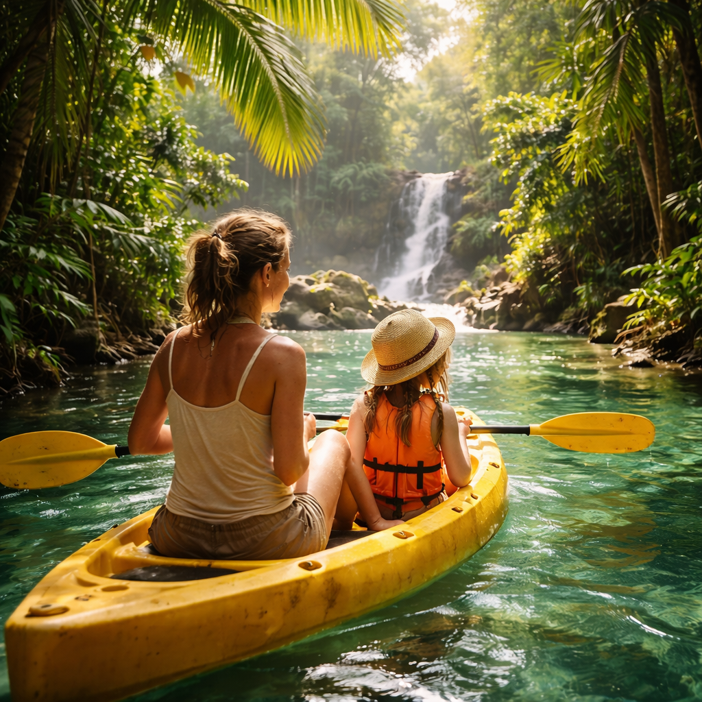 Mutter und sechsjährige Tochter paddeln gemeinsam in einem Kajak durch eine tropische Dschungellandschaft mit ruhigem Fluss und Wasserfall