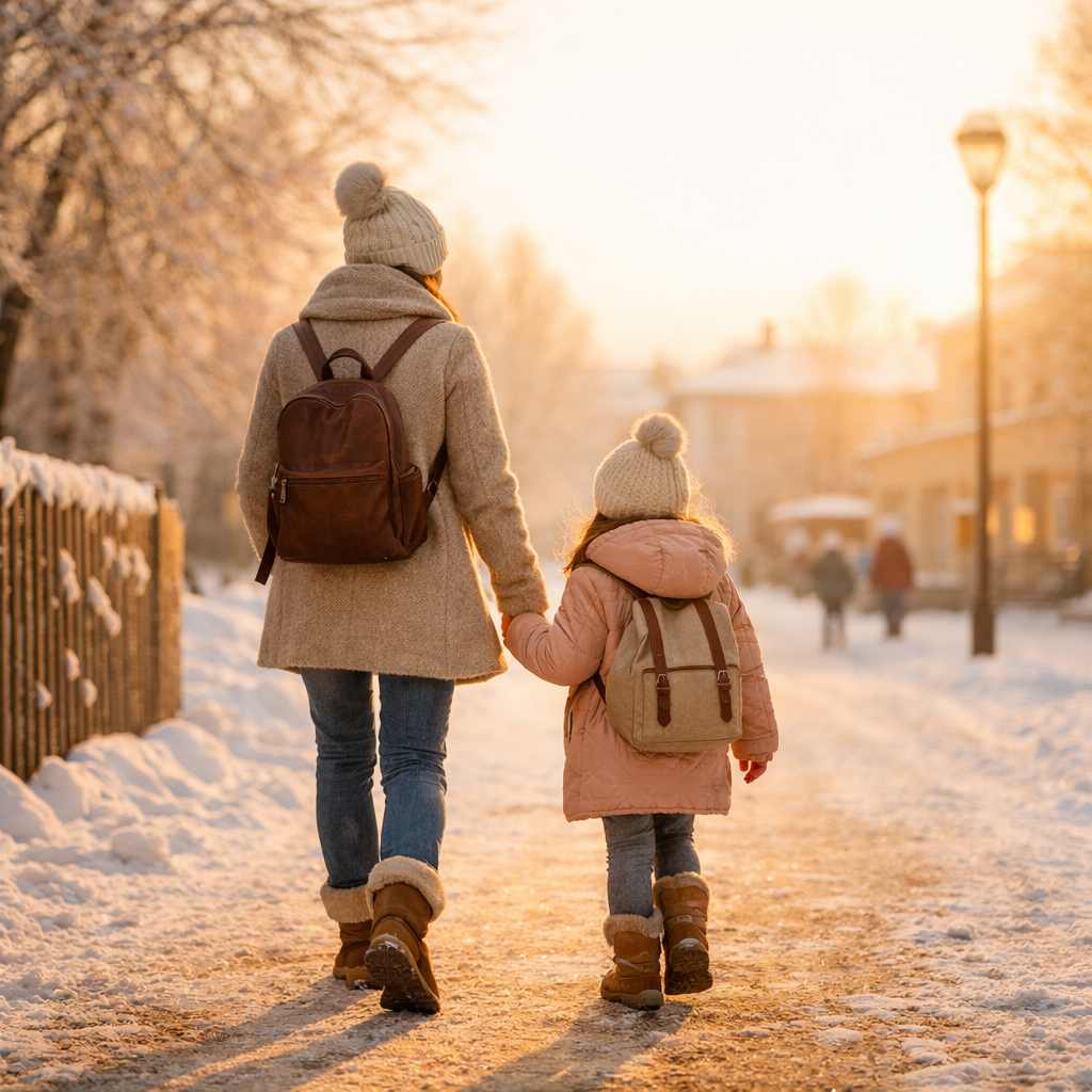 Stressfreier Morgen mit Kind – 3 Impulse Mutter und Kind gehen im warmen Morgenlicht Hand in Hand zur Kita – ruhiger Start in den Tag