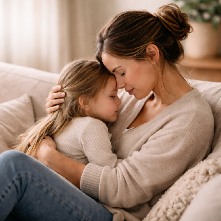 Mutter und Tochter sitzen eng umarmt auf einem Sofa, Stirn an Stirn, in ruhiger, warmer Atmosphäre – Symbol für Co-Regulation und emotionale Sicherheit.