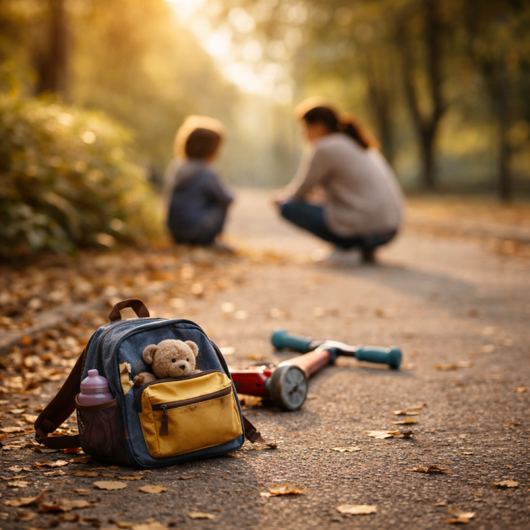 Ein Kinder-Rucksack und ein umgefallener Roller liegen auf einem herbstlichen Gehweg im warmen Abendlicht, während im unscharfen Hintergrund eine erwachsene Person ruhig auf Augenhöhe mit einem Kind spricht.