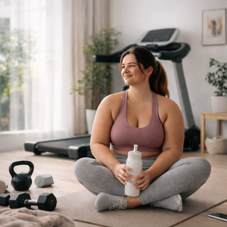 Eine sportlich gekleidete Frau sitzt entspannt im Schneidersitz auf einer Yogamatte, hält eine Trinkflasche in den Händen und lächelt in einem hellen Raum mit Fitnessgeräten im Hintergrund.
