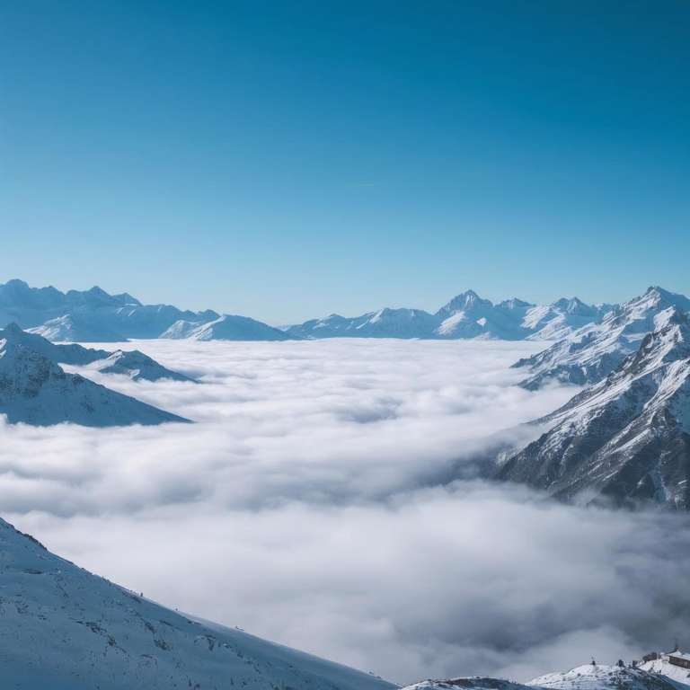 Weite Berglandschaft mit Nebel im Tal und klarer Sicht auf den Gipfeln als Symbol für Zielklarheit und den Weg dazwischen