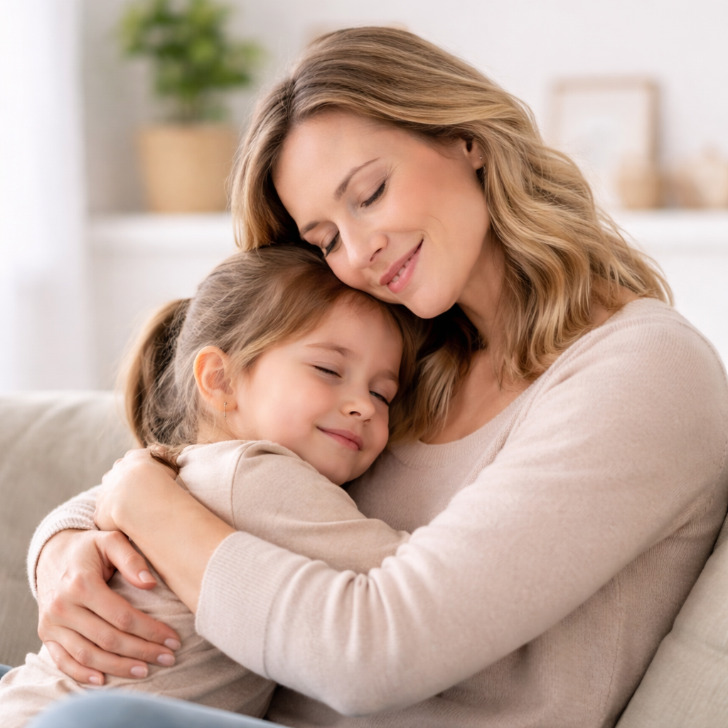 Mutter hält ihr Kind liebevoll im Arm und beruhigt es in einem warmen, hellen Wohnzimmer – Symbol für emotionale Sicherheit und Co-Regulation bei Wutanfällen.