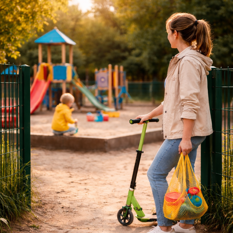Mutter wartet am Spielplatz mit Roller und Sandspielzeug während ihr Kind noch im Sandkasten spielt