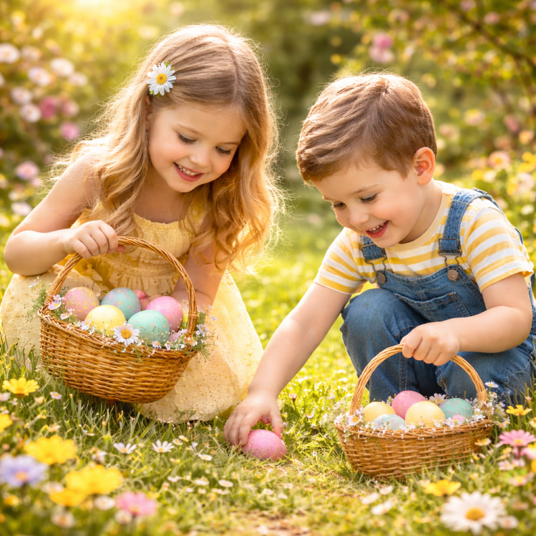 Kinder suchen Ostereier im Garten mit Osterkörbchen – Inspiration für sinnvolle Ostergeschenke für Kinder
