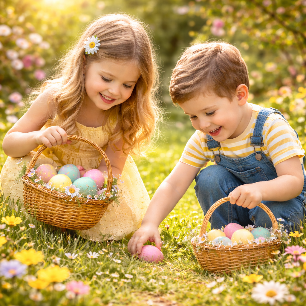 Kinder suchen Ostereier im Garten mit Osterkörbchen – Inspiration für sinnvolle Ostergeschenke für Kinder