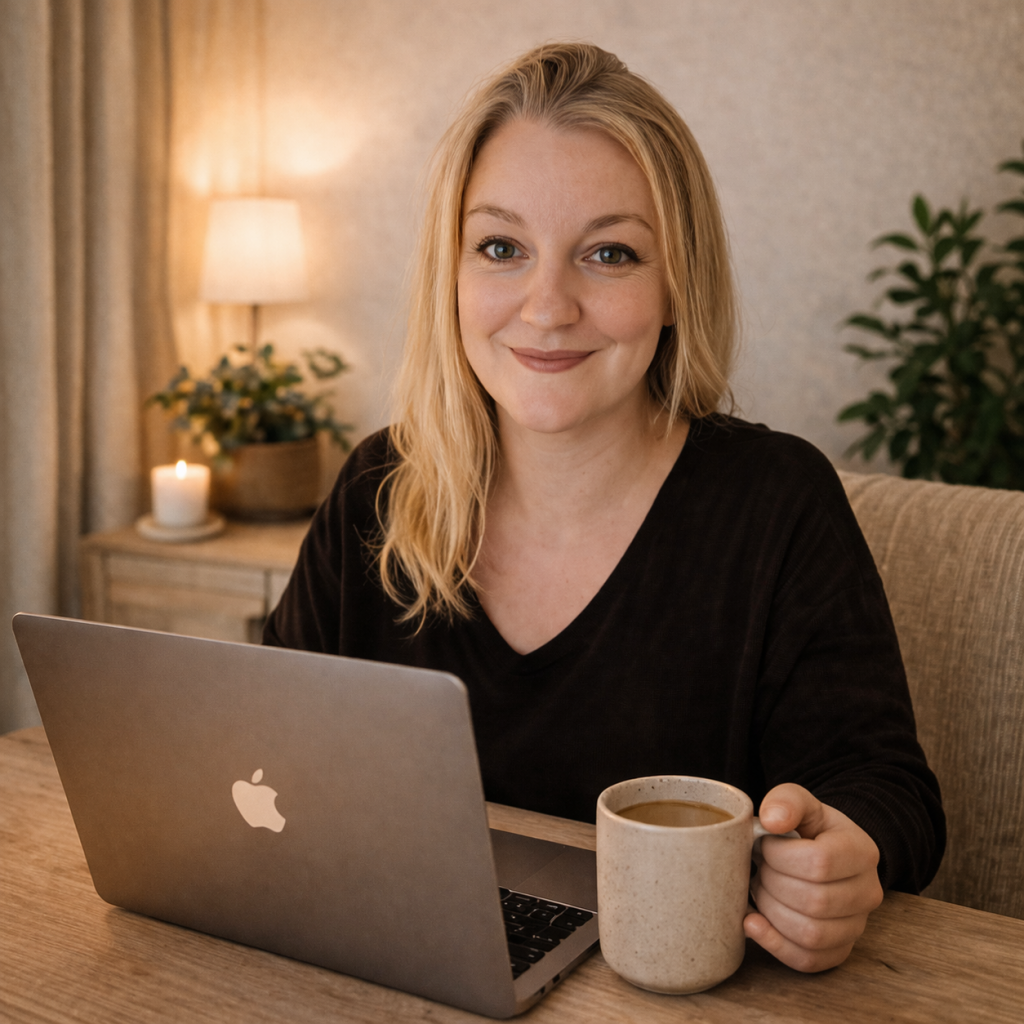 Frau und Mama sitzt mit Laptop und Kaffee in ruhiger Atmosphäre - begleitet Mütter und Kinder zu mehr innerer Stärke