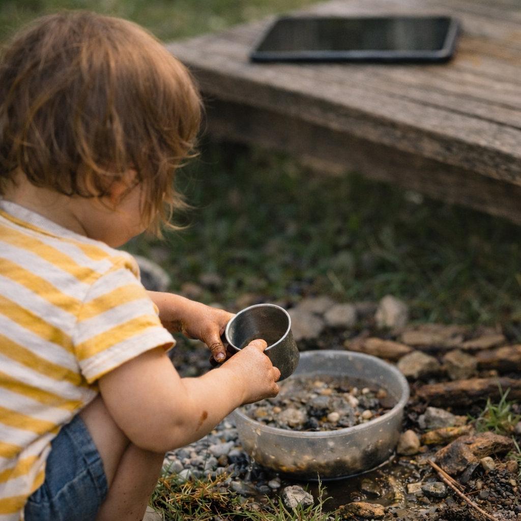 Kind spielt draußen mit Wasser und Steinen, Tablet liegt im Hintergrund – Beispiel für entspannte Bildschirmzeiten im Alltag