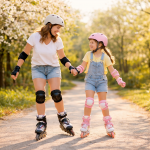 Mama und Kind fahren gemeinsam Inlineskates im Frühling und lachen
