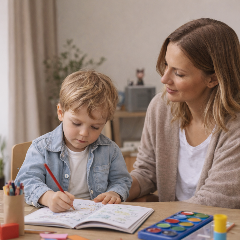Mutter und Kind sitzen am Tisch und malen gemeinsam