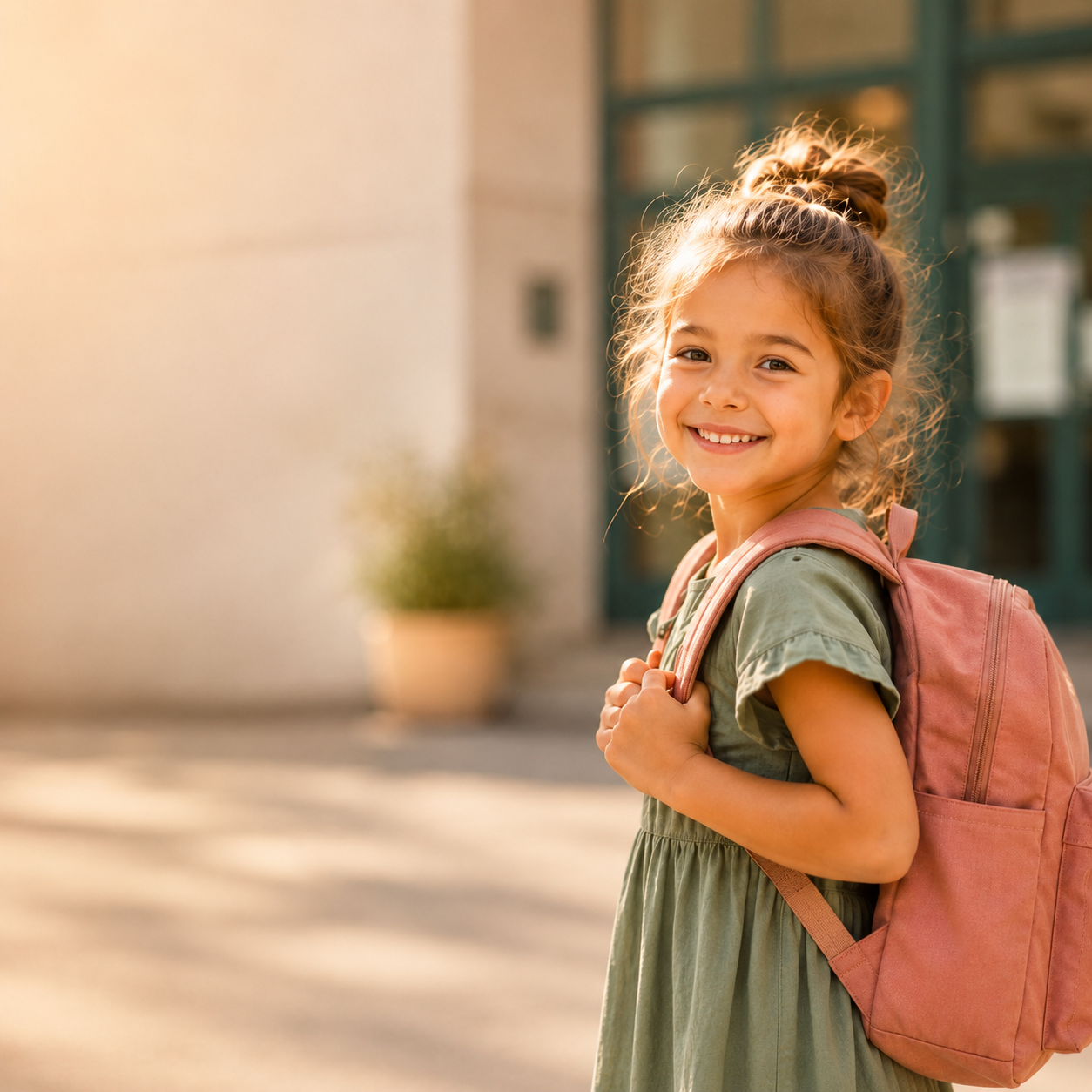 Glückliches Mädchen auf dem Weg zum Schulstart