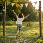 Mut-Parcours für Kinder: 7 Stationen für Mut, Schnelligkeit und Geschicklichkeit Stolzes Mädchen läuft nach einem Mut-Parcours mit erhobenen Armen durch das Ziel.