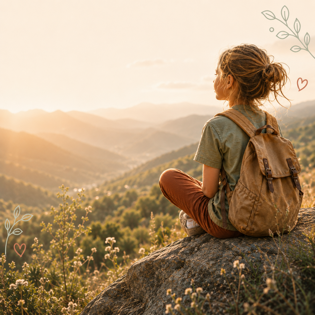 Mädchen mit Rucksack sitzt im goldenen Abendlicht auf einem Felsen und blickt über eine Berglandschaft – Sinnbild für innere Stärke und Zukunftskompetenzen.