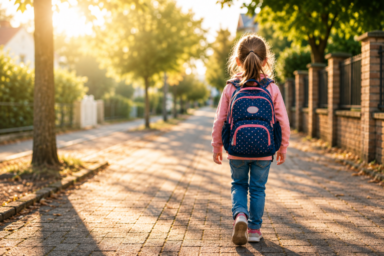 Grundschulkind mit Schulranzen auf dem Schulweg – Tipps für einen sicheren und selbstständigen Schulweg