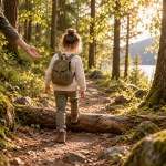 Mein Kind traut sich nichts zu: 7 Wege zu mehr Mut Kind steht vor einem kleinen Hindernis auf einem Waldweg und bekommt ruhig eine Hand angeboten – Symbol für Selbstvertrauen in kleinen Schritten.
